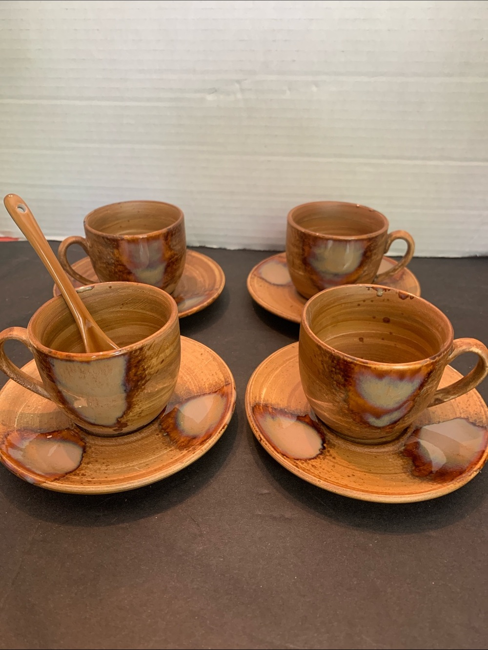 Set of 4 Sango Splash Brown Coffee Cup w/ Saucers stoneware rustic drip glaze
